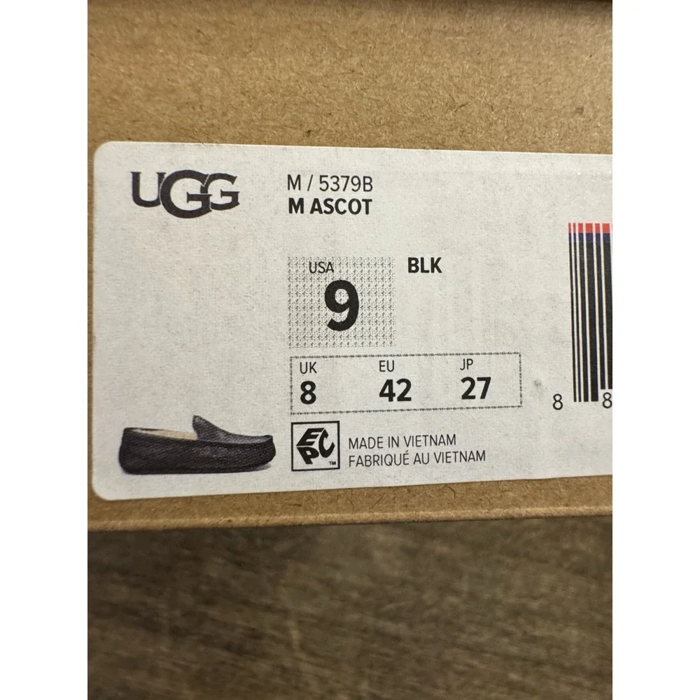 UGG ASCOT LEATHER MENS SLIPPERS Loafer US Size 9 Black Leather Sheepskin Lining